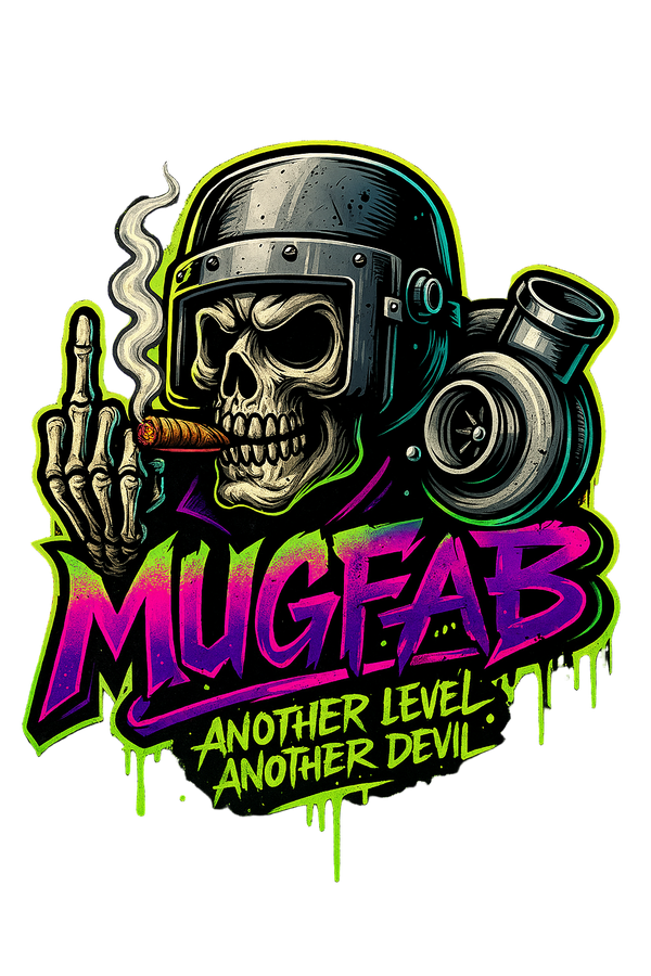 Skull wearing a helmet with a smoking hand gesture, colorful text, and 'MUGFAB' branding on a dark background.
